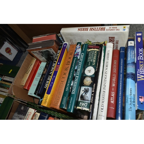 555 - FIVE BOXES OF ASSORTED FICTION AND NON FICTION BOOKS, subjects  include antiques and collecting, cra... 