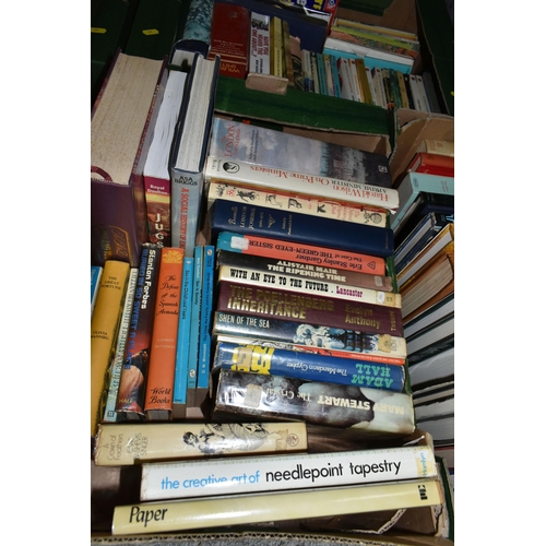 555 - FIVE BOXES OF ASSORTED FICTION AND NON FICTION BOOKS, subjects  include antiques and collecting, cra... 