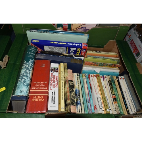 555 - FIVE BOXES OF ASSORTED FICTION AND NON FICTION BOOKS, subjects  include antiques and collecting, cra... 