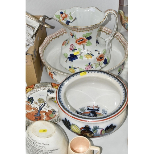 558 - ONE BOX AND LOOSE CERAMICS AND TABLE LINEN, to include a Corona ware 'Peonie' pattern wash bowl and ... 