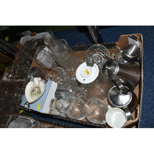 563 - SIX BOXES OF GLASSWARE, to include a stainless steel tea set made in Japan 18/8, wineglasses, jelly ... 