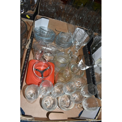 563 - SIX BOXES OF GLASSWARE, to include a stainless steel tea set made in Japan 18/8, wineglasses, jelly ... 