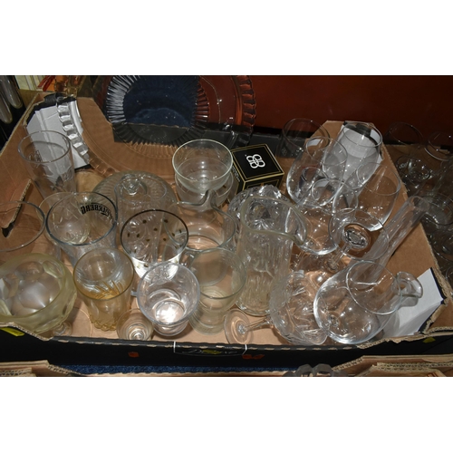 563 - SIX BOXES OF GLASSWARE, to include a stainless steel tea set made in Japan 18/8, wineglasses, jelly ... 