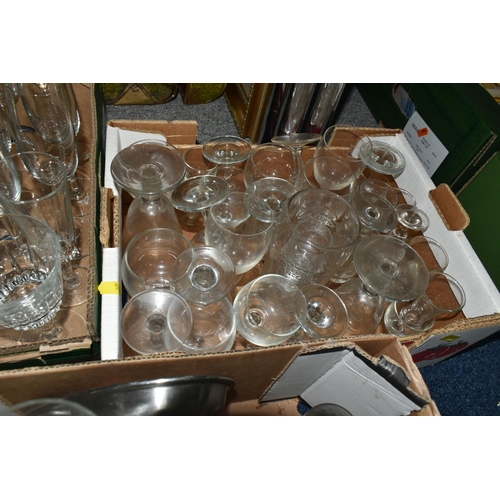 563 - SIX BOXES OF GLASSWARE, to include a stainless steel tea set made in Japan 18/8, wineglasses, jelly ... 