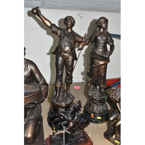 572 - TWO 20TH CENTURY BRONZED PLASTER FIGURES AND THREE SPELTER FIGURES, comprising a plaster figure of a... 