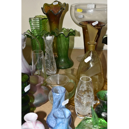 575 - A COLLECTION OF COLOURED AND CLEAR GLASSWARE, including a Wedgwood Sheringham pattern green glass tr... 