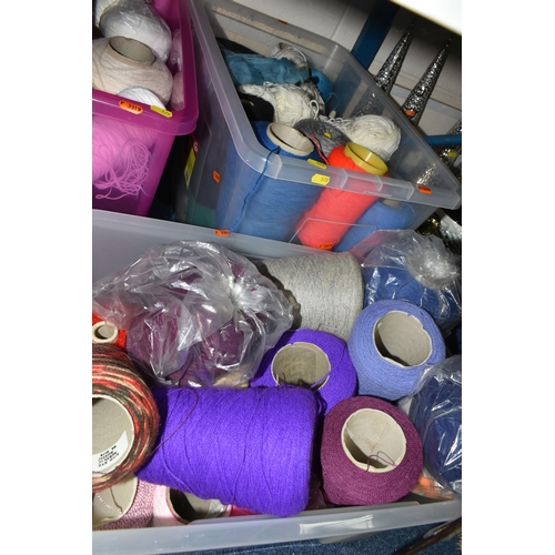 579 - EIGHT BOXES OF YARN, FABRIC, PATTERNS, SPINNING BOOKS, ETC, the reels of yarn in assorted colours, t... 