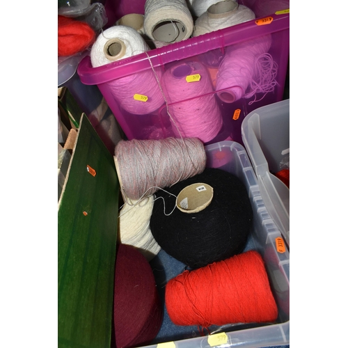 579 - EIGHT BOXES OF YARN, FABRIC, PATTERNS, SPINNING BOOKS, ETC, the reels of yarn in assorted colours, t... 