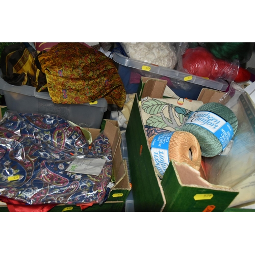 579 - EIGHT BOXES OF YARN, FABRIC, PATTERNS, SPINNING BOOKS, ETC, the reels of yarn in assorted colours, t... 