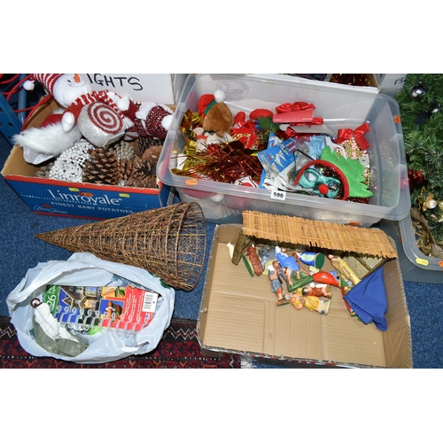 586 - A LARGE QTY OF CHRISTMAS DECORATIONS IN TEN BOXES AND LOOSE, including artificial wreaths, nativity ... 