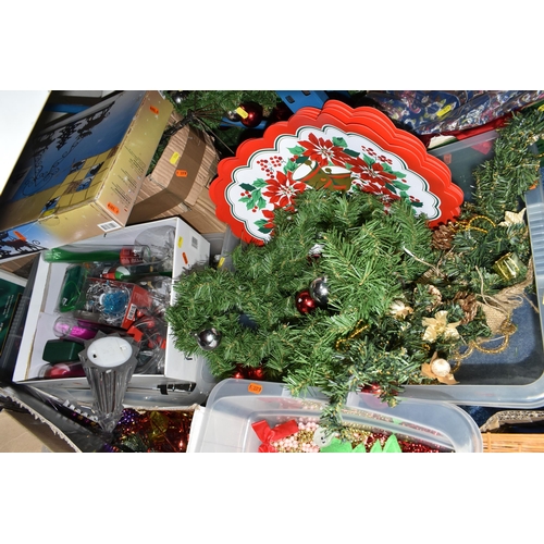 586 - A LARGE QTY OF CHRISTMAS DECORATIONS IN TEN BOXES AND LOOSE, including artificial wreaths, nativity ... 