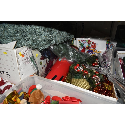 586 - A LARGE QTY OF CHRISTMAS DECORATIONS IN TEN BOXES AND LOOSE, including artificial wreaths, nativity ... 