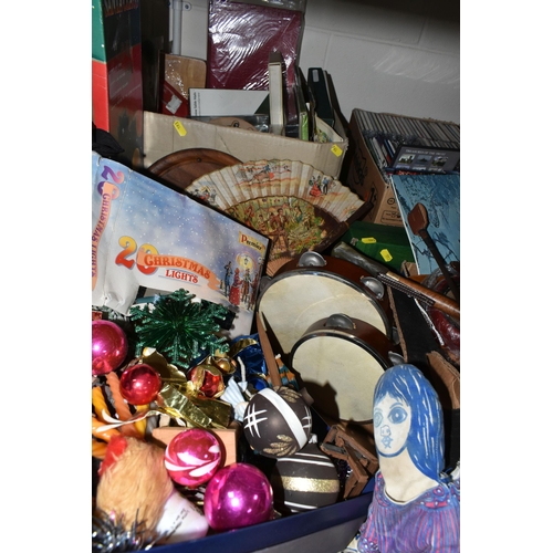 593 - FIVE BOXES OF CHRISTMAS DECORATIONS AND MISCELLANEOUS SUNDRIES, to include vintage Christmas baubles... 