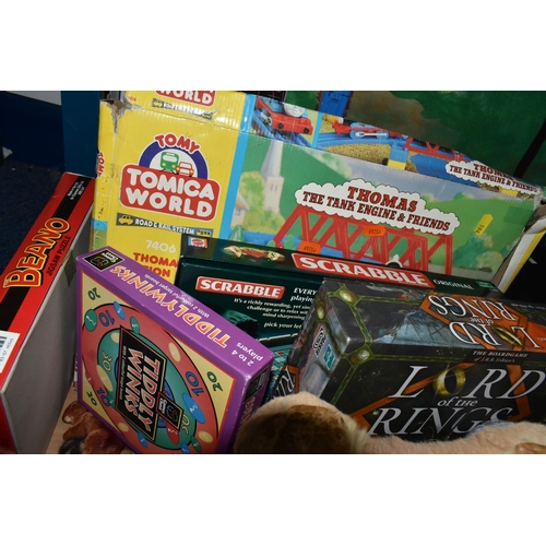 594 - FOUR BOXES AND LOOSE VINTAGE TOYS, GAMES AND DOLLS, to include a box of six Mensa puzzle classics, a... 