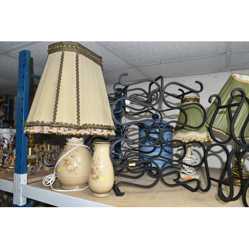 595 - A GROUP OF TABLE LAMPS, VASES AND WINE RACKS, to include a Denby 'Memories' pattern table lamp and v... 