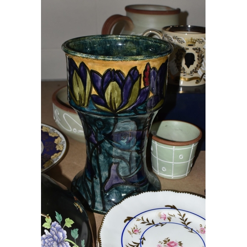 597 - A GROUP OF CERAMICS, comprising a Morris Ware vase decorated in a blue, green and purple fish  and w... 