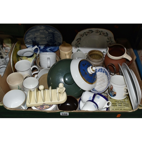 598 - SIX BOXES OF CERAMICS, GLASSWARE AND ORNAMENTS, to include four Chatsworth covered tea mugs, glass d... 