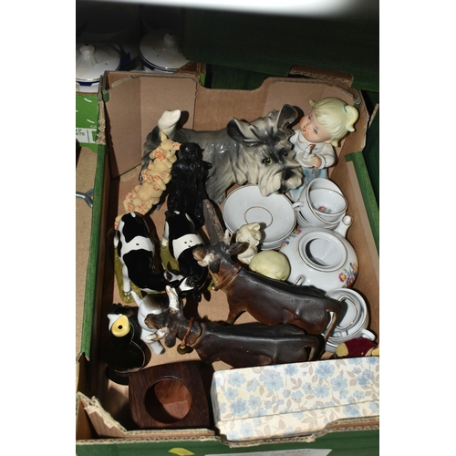 598 - SIX BOXES OF CERAMICS, GLASSWARE AND ORNAMENTS, to include four Chatsworth covered tea mugs, glass d... 