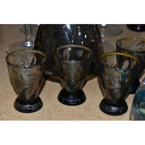 603 - A QUANTITY OF DECORATIVE AND CUT GLASS ETC, to include four Waterford whiskey tumblers with labels a... 