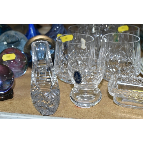 603 - A QUANTITY OF DECORATIVE AND CUT GLASS ETC, to include four Waterford whiskey tumblers with labels a... 