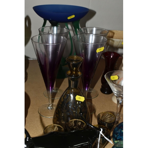 603 - A QUANTITY OF DECORATIVE AND CUT GLASS ETC, to include four Waterford whiskey tumblers with labels a... 