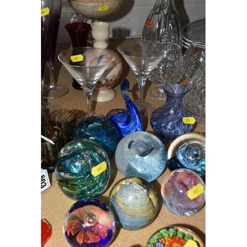 603 - A QUANTITY OF DECORATIVE AND CUT GLASS ETC, to include four Waterford whiskey tumblers with labels a... 