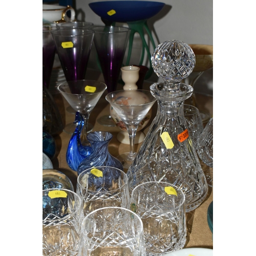 603 - A QUANTITY OF DECORATIVE AND CUT GLASS ETC, to include four Waterford whiskey tumblers with labels a... 