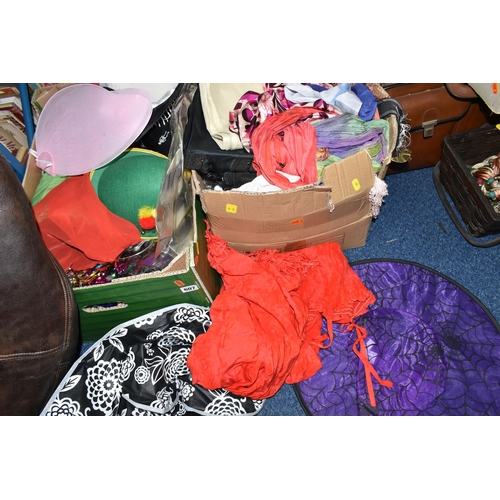 607 - FIVE BOXES AND LOOSE CLOTHING AND ACCESSORIES ETC, to include two boxes of fancy dress items, Leathe... 