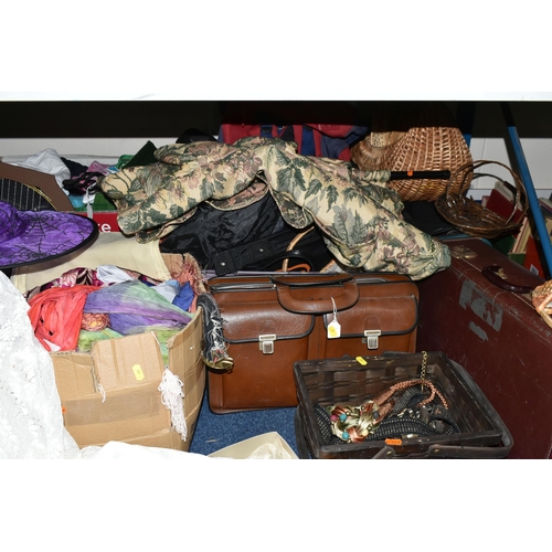 607 - FIVE BOXES AND LOOSE CLOTHING AND ACCESSORIES ETC, to include two boxes of fancy dress items, Leathe... 