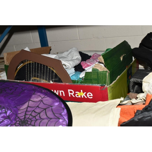 607 - FIVE BOXES AND LOOSE CLOTHING AND ACCESSORIES ETC, to include two boxes of fancy dress items, Leathe... 