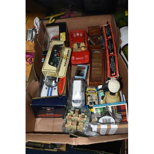 609 - TWO BOXES AND LOOSE TOYS AND GAMES ETC, to include a boxed drinking chess set, glass chess set, diec... 