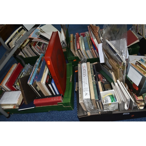 475 - FOUR BOXES OF BOOKS, MAGAZINES & EPHEMERA, to include postcards, greetings cards, badges, calendars,... 