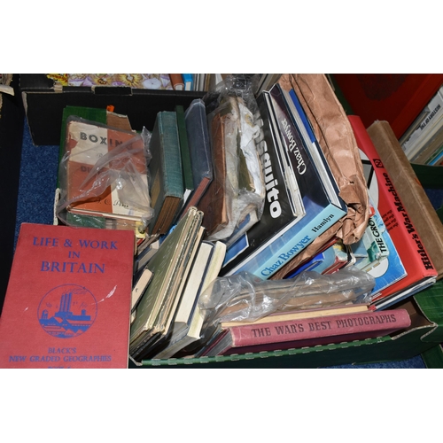 475 - FOUR BOXES OF BOOKS, MAGAZINES & EPHEMERA, to include postcards, greetings cards, badges, calendars,... 