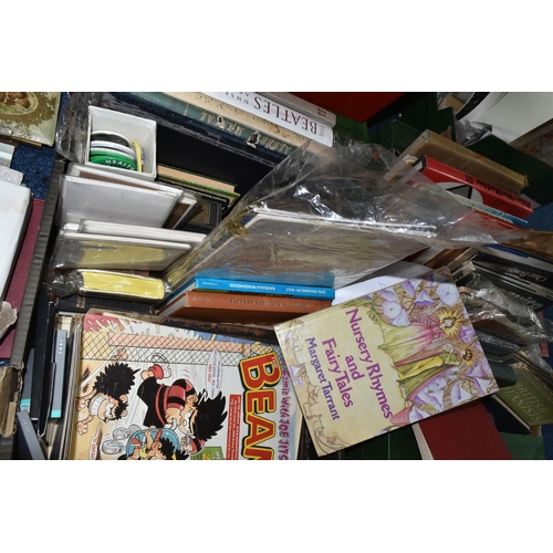 475 - FOUR BOXES OF BOOKS, MAGAZINES & EPHEMERA, to include postcards, greetings cards, badges, calendars,... 