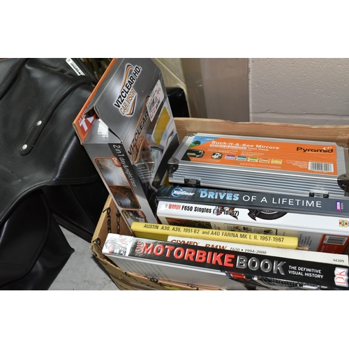 617 - TWO BOXES AND LOOSE MOTORING AND MOTORBIKE INTEREST ITEMS, including a Swagman throw over double pan... 