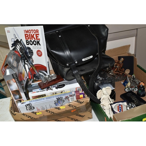 617 - TWO BOXES AND LOOSE MOTORING AND MOTORBIKE INTEREST ITEMS, including a Swagman throw over double pan... 