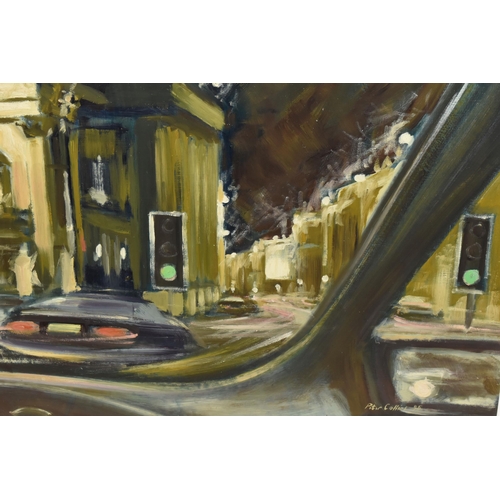 627 - PETER COLLINS (BRITISH 1938-) 'VIEW OF THEATRE ROYAL AT NIGHT', a view from inside a car of the thea... 