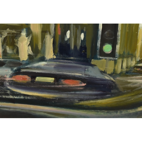 627 - PETER COLLINS (BRITISH 1938-) 'VIEW OF THEATRE ROYAL AT NIGHT', a view from inside a car of the thea... 