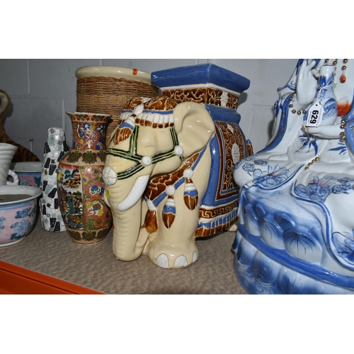 629 - A GROUP PF ORIENTAL STYLE CERAMICS, comprising two pink and blue planters, an Elephant garden table,... 