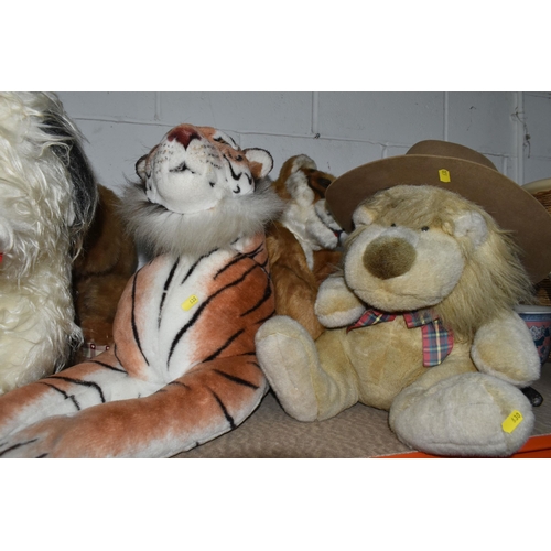 630 - A COLLECTION OF LARGE SOFT TOY ANIMALS, comprising a 'Merrythoughts' seated leopard, height 60cm tog... 