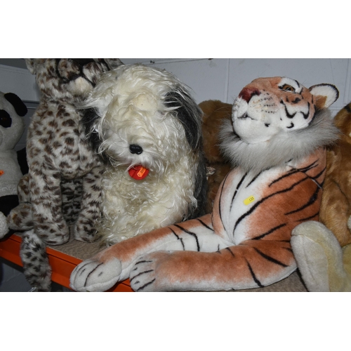 630 - A COLLECTION OF LARGE SOFT TOY ANIMALS, comprising a 'Merrythoughts' seated leopard, height 60cm tog... 