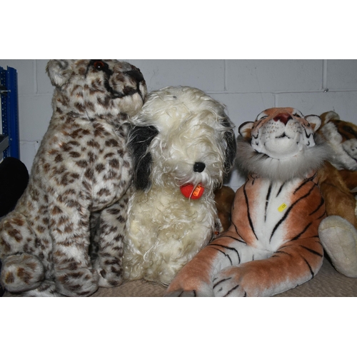 630 - A COLLECTION OF LARGE SOFT TOY ANIMALS, comprising a 'Merrythoughts' seated leopard, height 60cm tog... 