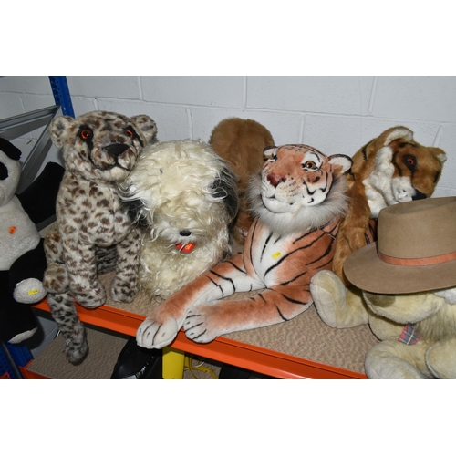 630 - A COLLECTION OF LARGE SOFT TOY ANIMALS, comprising a 'Merrythoughts' seated leopard, height 60cm tog... 