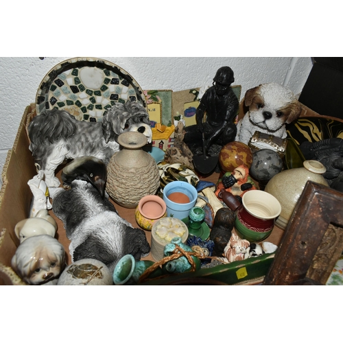 631 - FOUR BOXES OF ORNAMENTS AND CERAMICS, to include three Poole Pottery Dolphin figurines, a Wedgwood b... 