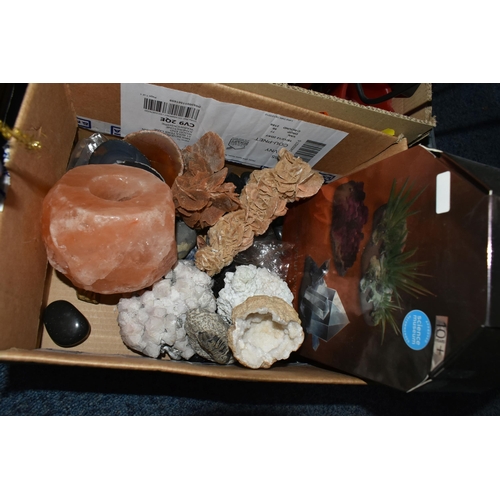 636 - FIVE BOXES OF BOOKS, CRYSTALS AND CANDLES, to include a collection of healing crystals, fossils, ass... 