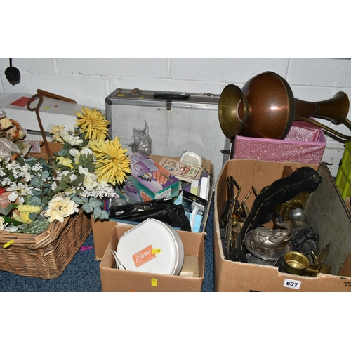 637 - FOUR BOXES AND LOOSE MISCELLANEOUS SUNDRIES, to include  brass ornaments, artificial flowers, a coll... 