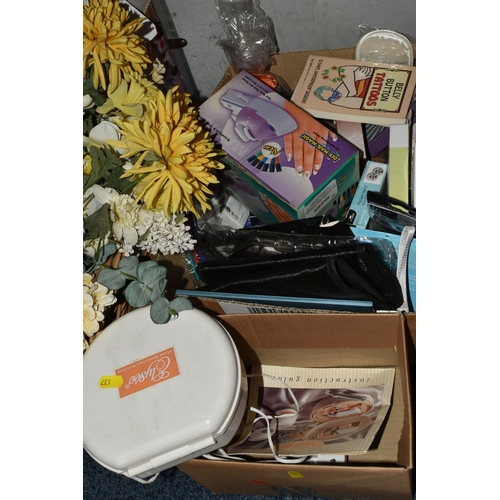 637 - FOUR BOXES AND LOOSE MISCELLANEOUS SUNDRIES, to include  brass ornaments, artificial flowers, a coll... 