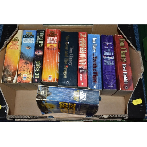 641 - SEVEN BOXES OF ASSORTED BOOKS ETC, mostly paperback fiction by authors such as Tom Clancy, Lee Child... 