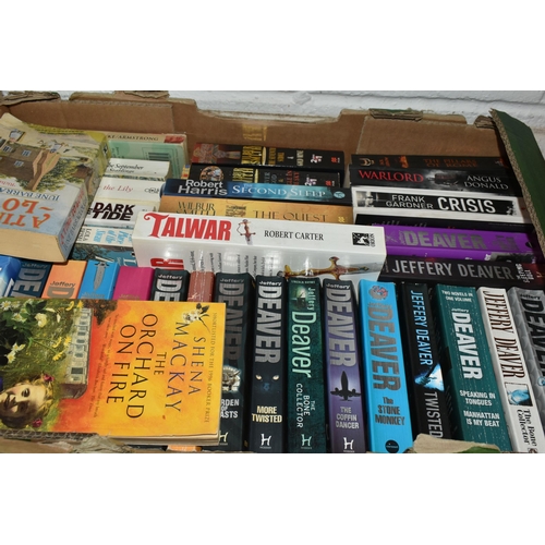 641 - SEVEN BOXES OF ASSORTED BOOKS ETC, mostly paperback fiction by authors such as Tom Clancy, Lee Child... 