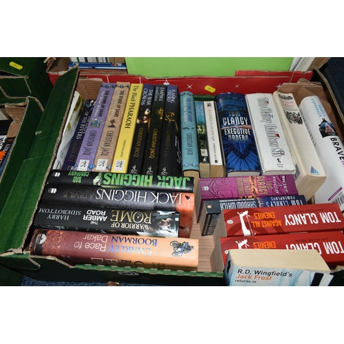 641 - SEVEN BOXES OF ASSORTED BOOKS ETC, mostly paperback fiction by authors such as Tom Clancy, Lee Child... 